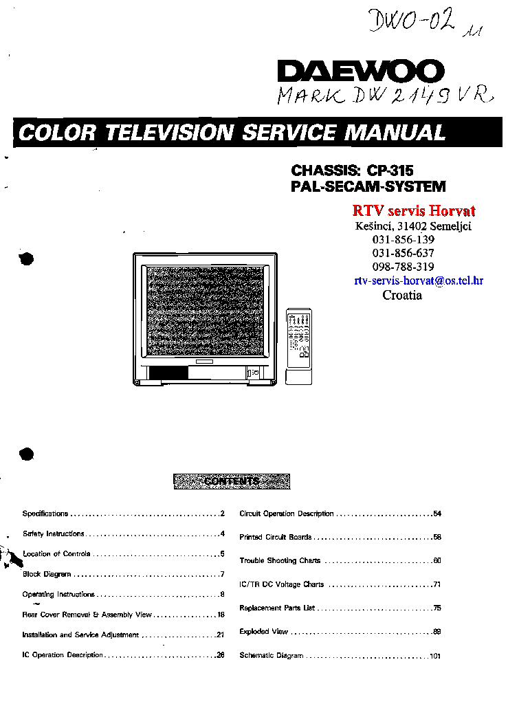 DAEWOO CP-315 CHASSIS DTD2159 SM Service Manual download, schematics Sns-Brigh10