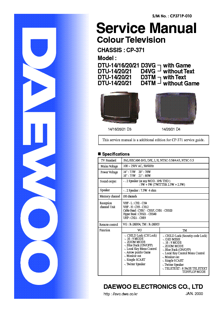 DAEWOO CP-371 Service Manual download, schematics, eeprom, repair info ...