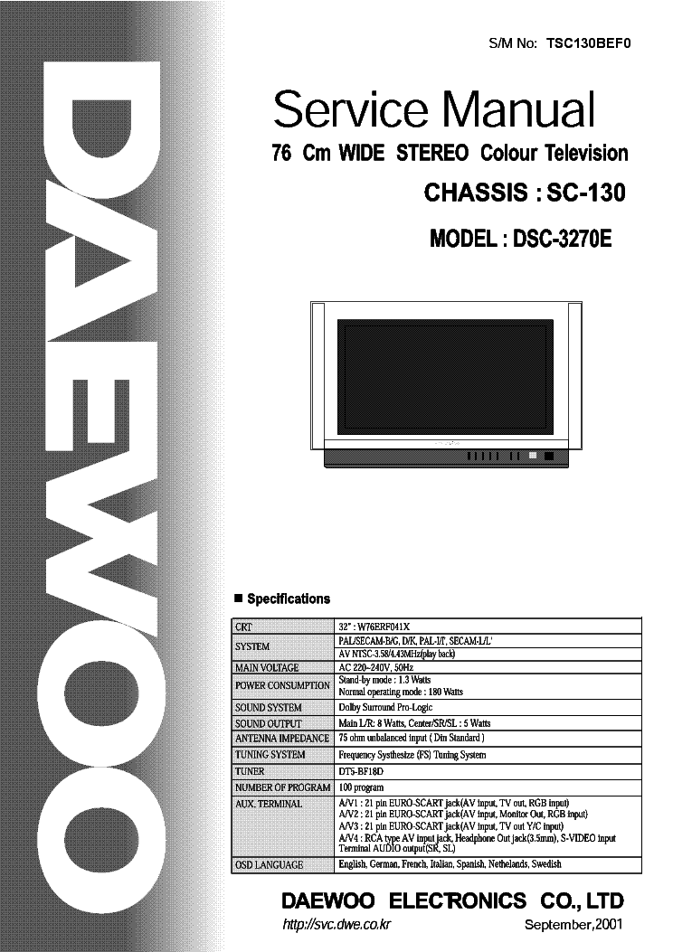 DAEWOO DSC-3270E CHASSIS SC-130 SM Service Manual download, schematics ...
