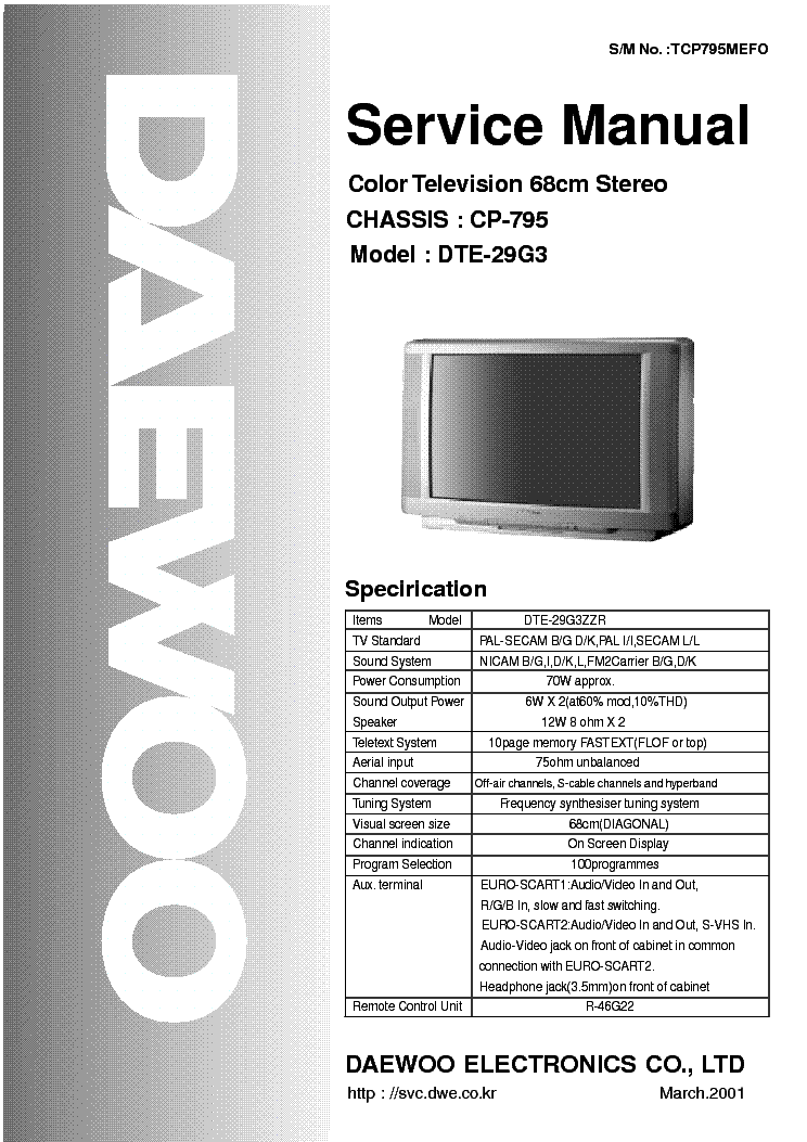 DAEWOO DTE-29G3 CH CP-795 SM Service Manual download, schematics ...