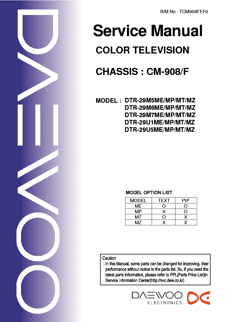 DAEWOO DTR-29M5 M6 M6 29U1 CHASSIS CM-908-F service manual