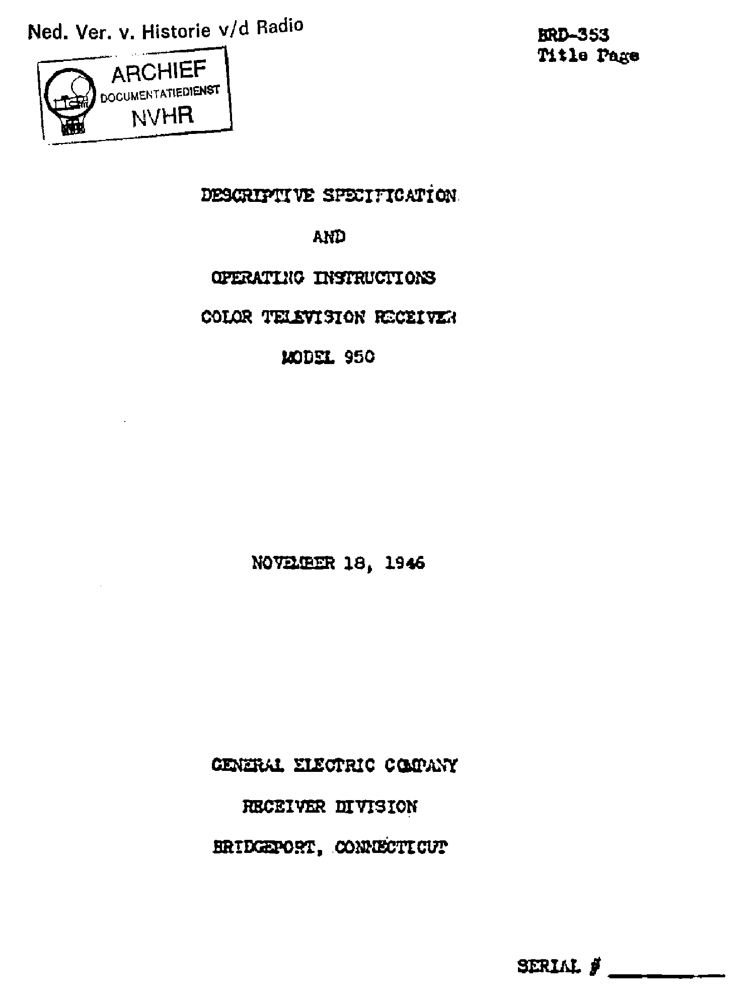 GENERAL-ELECTRIC 950 PROJECTION COLOR TV RECEIVER 1946 SM service manual (1st page)