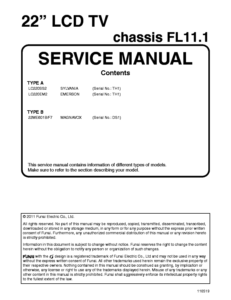 Sylvania Lc220Ss2 Emerson Lc220Em2 Magnavox 22Me601B F7 Philips Funai Chassis Fl11.1 22Inch Sm Service Manual Download, Schematics, Eeprom, Repair Info For Electronics Experts