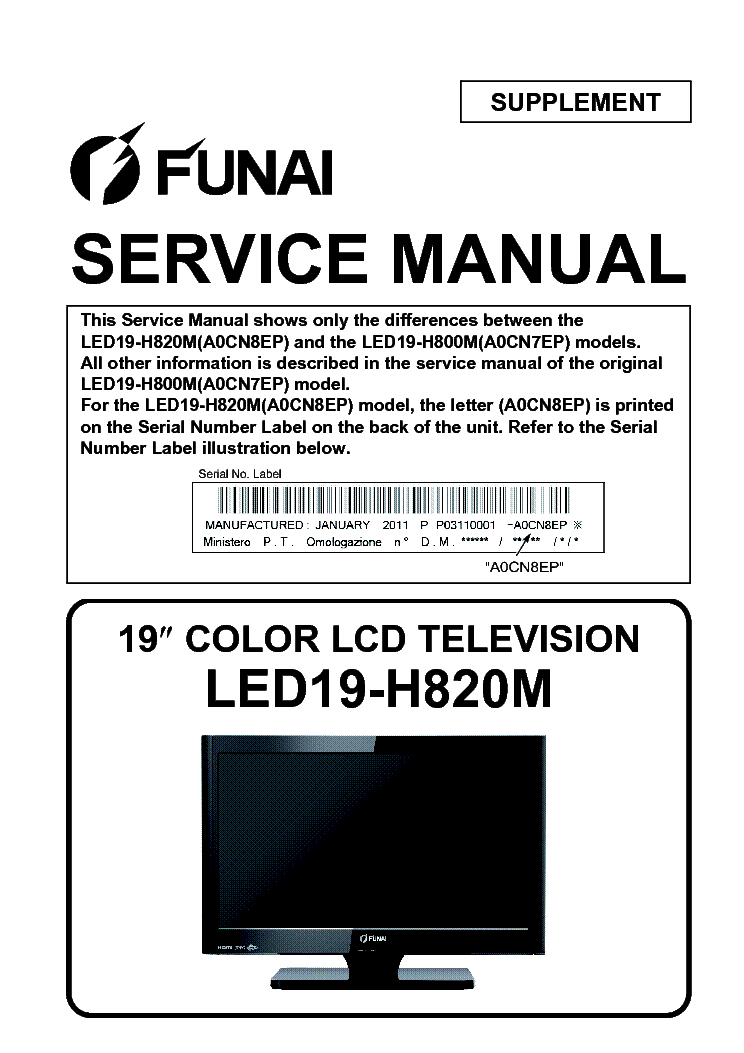 FUNAI LED19-H820M A0CN8EP SUPPLEMENT VER.1 service manual (1st page)
