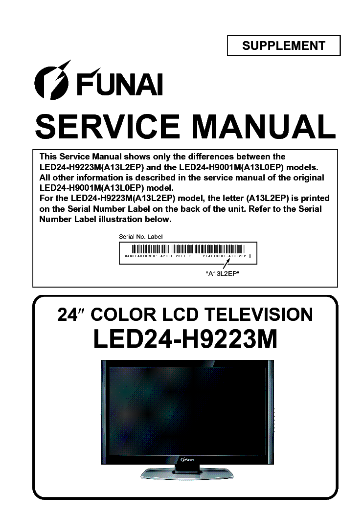 FUNAI LED24-H9223M A13L2EP SUPPLEMENT service manual