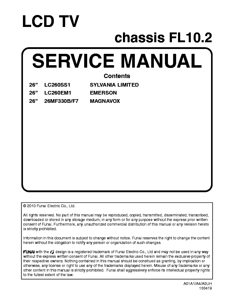 FUNAI SYLVANIA EMERSON MAGNAVOX LC260SS1 LC260EM1 26MF330B F7 CHASSIS FL10.2 SM service manual (1st page)