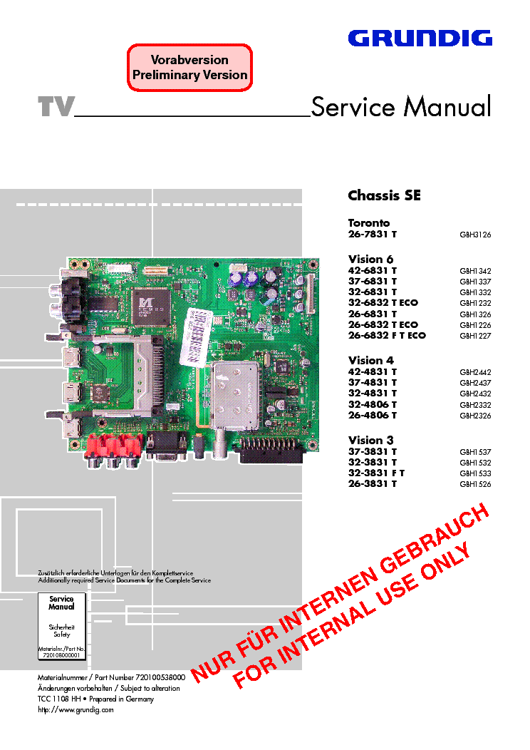 GRUNDIG CHASSIS SE TORONTO26-7831T VISION6 VISION4 VISION3 service manual