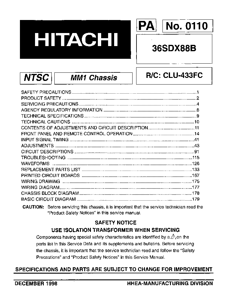 HITACHI 36SDX88B CHASSIS MM1 service manual (1st page)