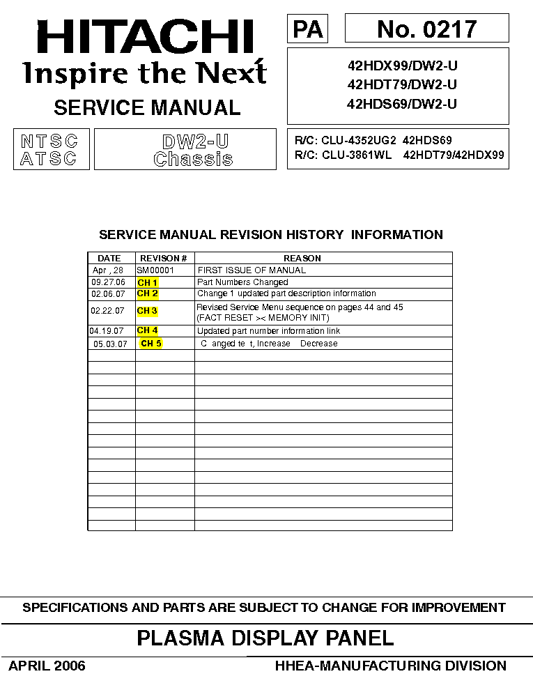 HITACHI 42HDX99 42HDT79 42HDS69 CHASSIS DW2-U service manual (1st page)