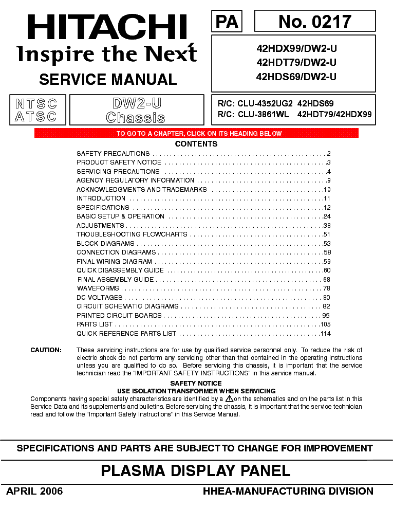 HITACHI 42HDX99 42HDT79 42HDS69 CHASSIS DW2-U service manual (2nd page)