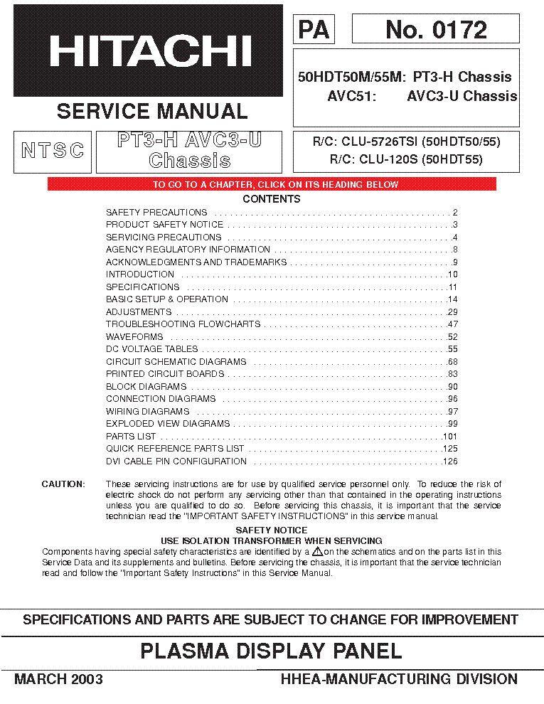 HITACHI 50HDT50M 55M AVC51 CH PT3-H AVC3-U service manual (1st page)