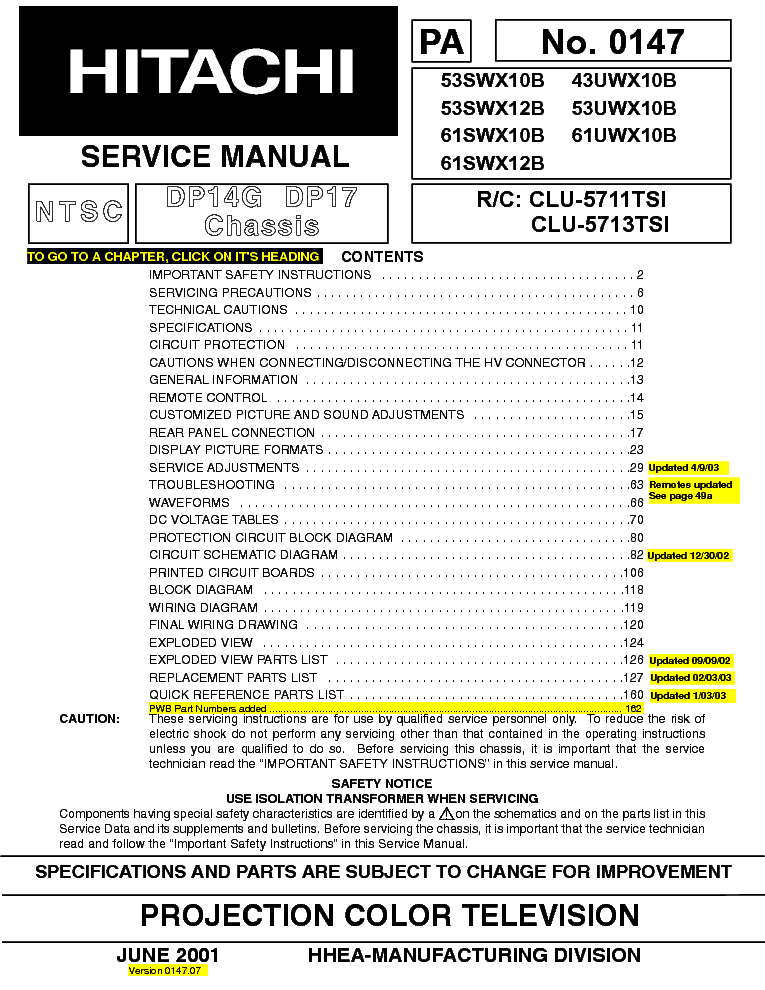 HITACHI 53,61SWX10B,X12B service manual (1st page)