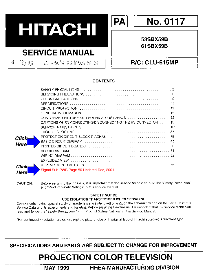 HITACHI 53SBX59B 61SBX59B CHASSIS AP93 service manual (1st page)