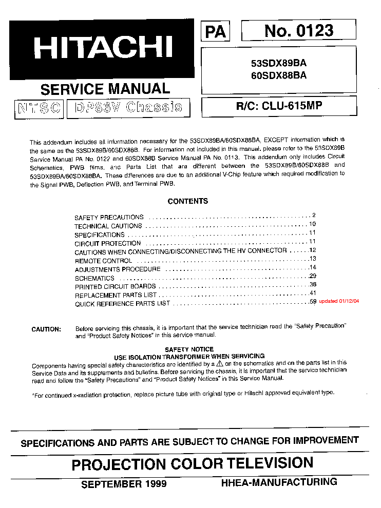 HITACHI 53SDX89BA 60SDX88BA SM service manual (1st page)