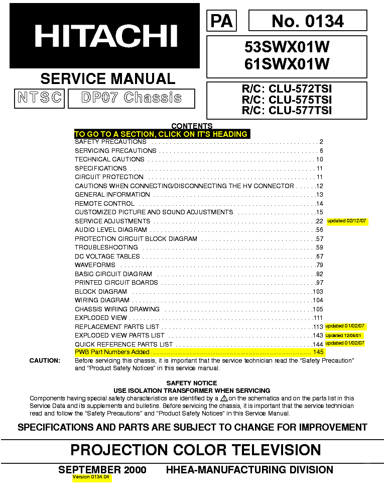 HITACHI 53SWX01W 61SWX01W DP07 service manual (1st page)