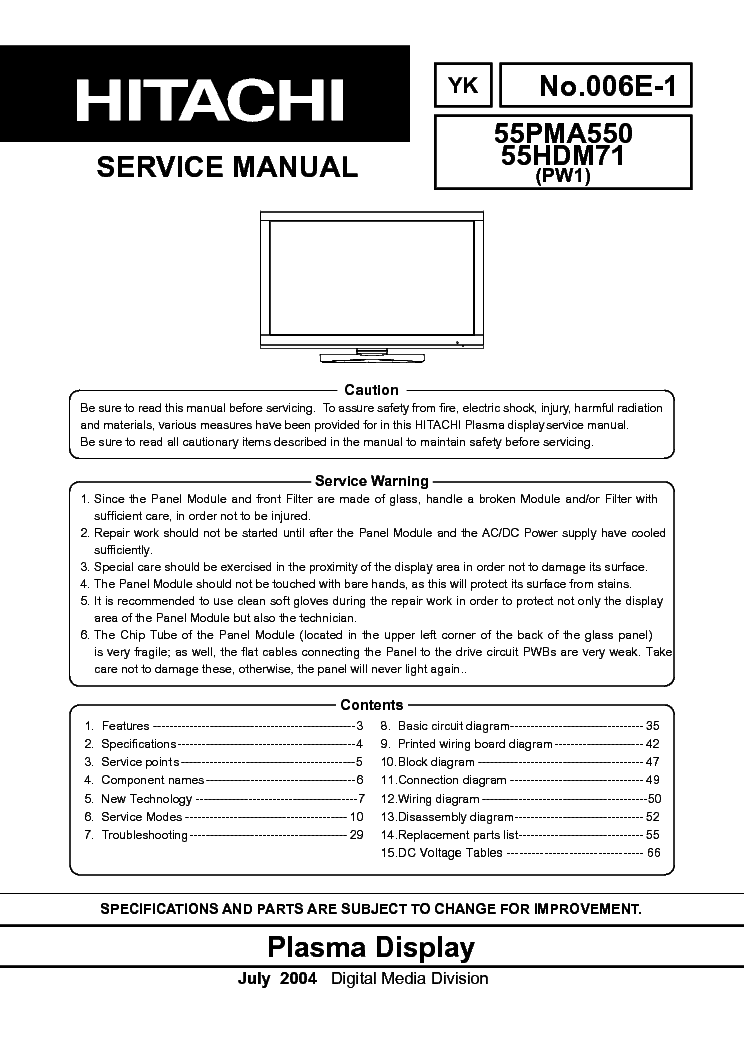 HITACHI 55PMA550 55HDM71 PW1 service manual (1st page)