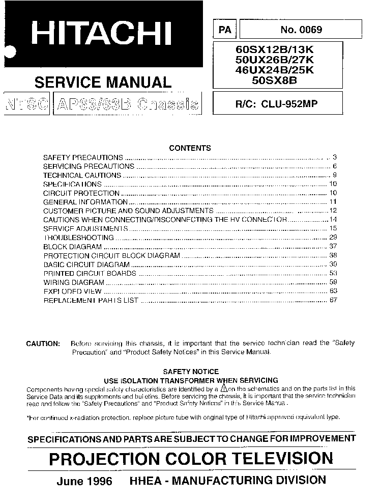 HITACHI AP63 CHASSIS 60SX12B PROJECTION service manual