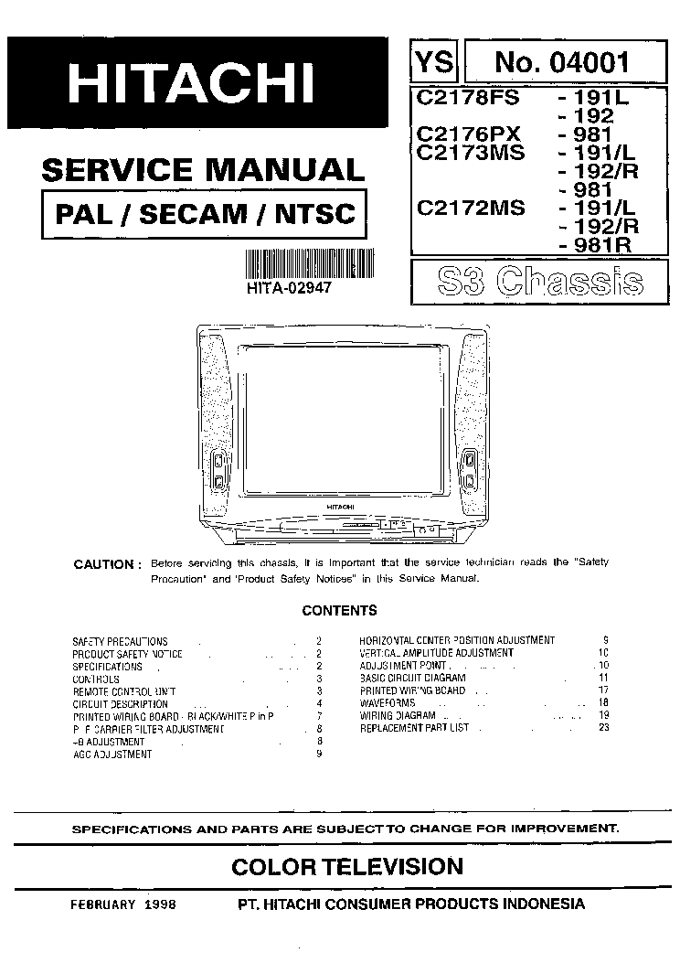 HITACHI C-2178FS 2176PX 2173MS 2172MS CHASSIS S3 service manual (1st page)
