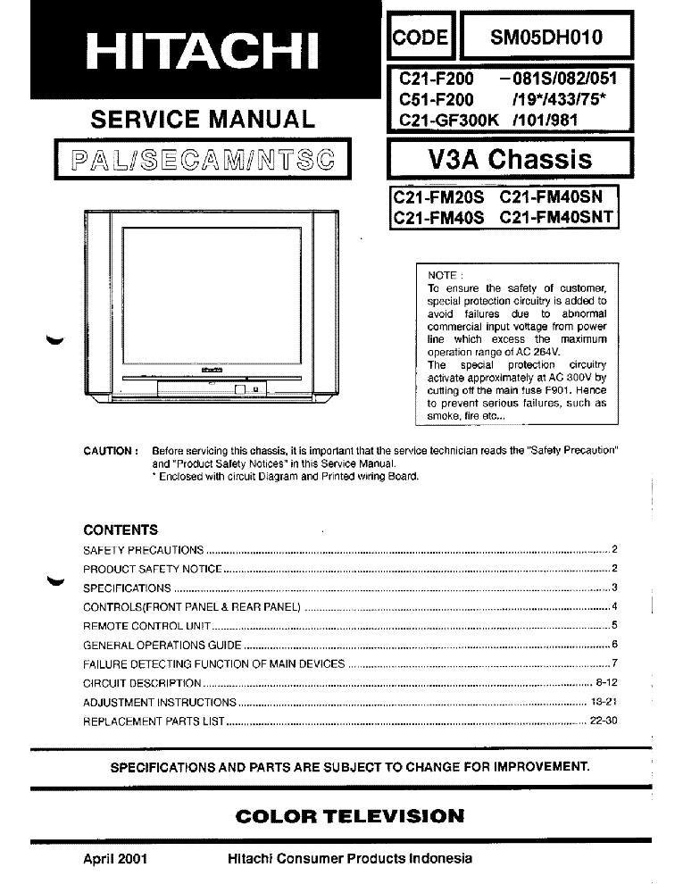 HITACHI C21-F200 C21-GF300K C51-F200 CHASSIS V3A SM service manual (1st page)