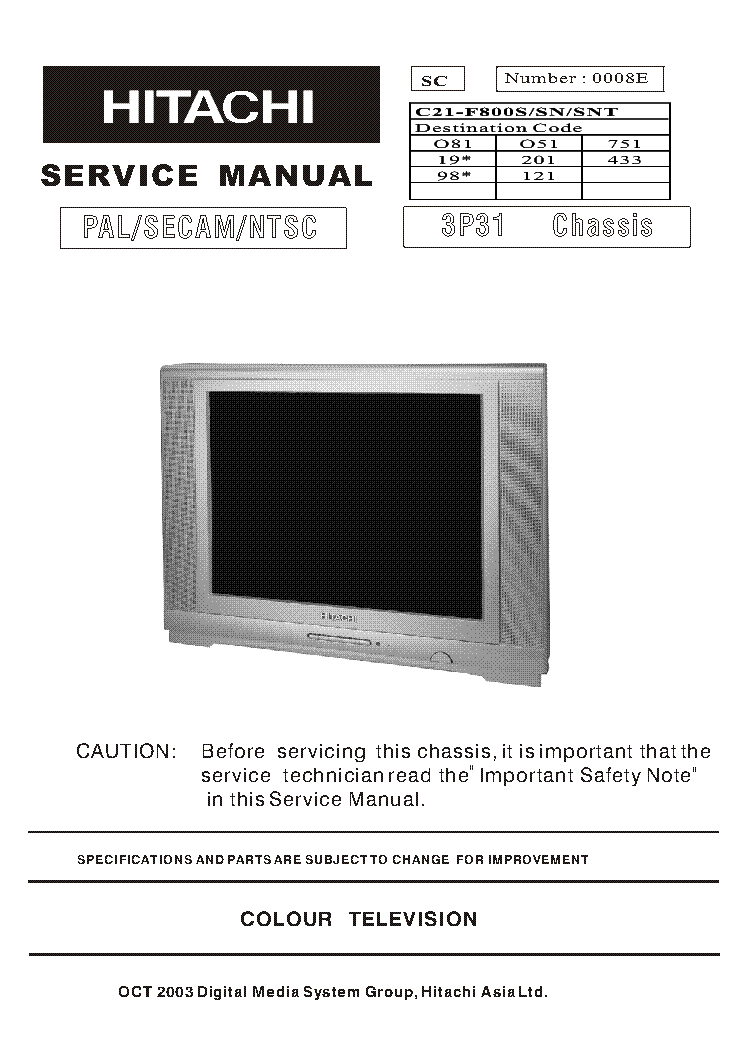 HITACHI C21-F800S-SN-SNT CHASSIS 3P31 SM service manual (1st page)