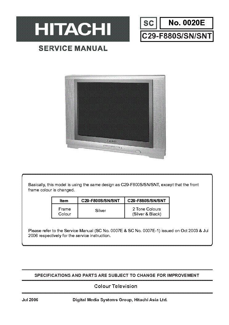 HITACHI C29-F880S F880SN F880SNT SVCMNLS NO 0020E service manual (1st page)