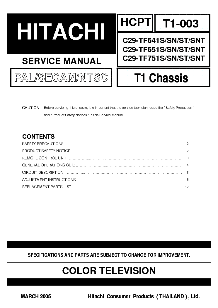 HITACHI C29-TF641SX TF651SX TF751SX CHASSIS T1 SM service manual (1st page)