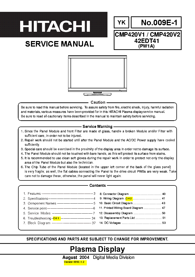 HITACHI CMP420V1 CMP420V2 42EDT41 CHASSIS PW1A service manual (1st page)