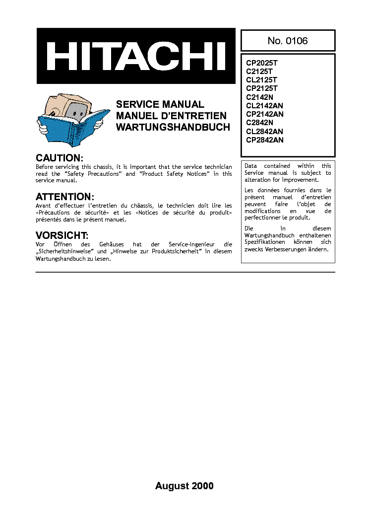 HITACHI CP2025T C2125T CL2125T CP2125T C2142N CL2142AN CP2142AN C2842N CL2842AN CP2842AN service manual (1st page)