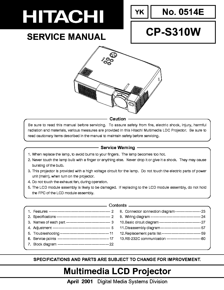 HITACHI CPS310W service manual (1st page)