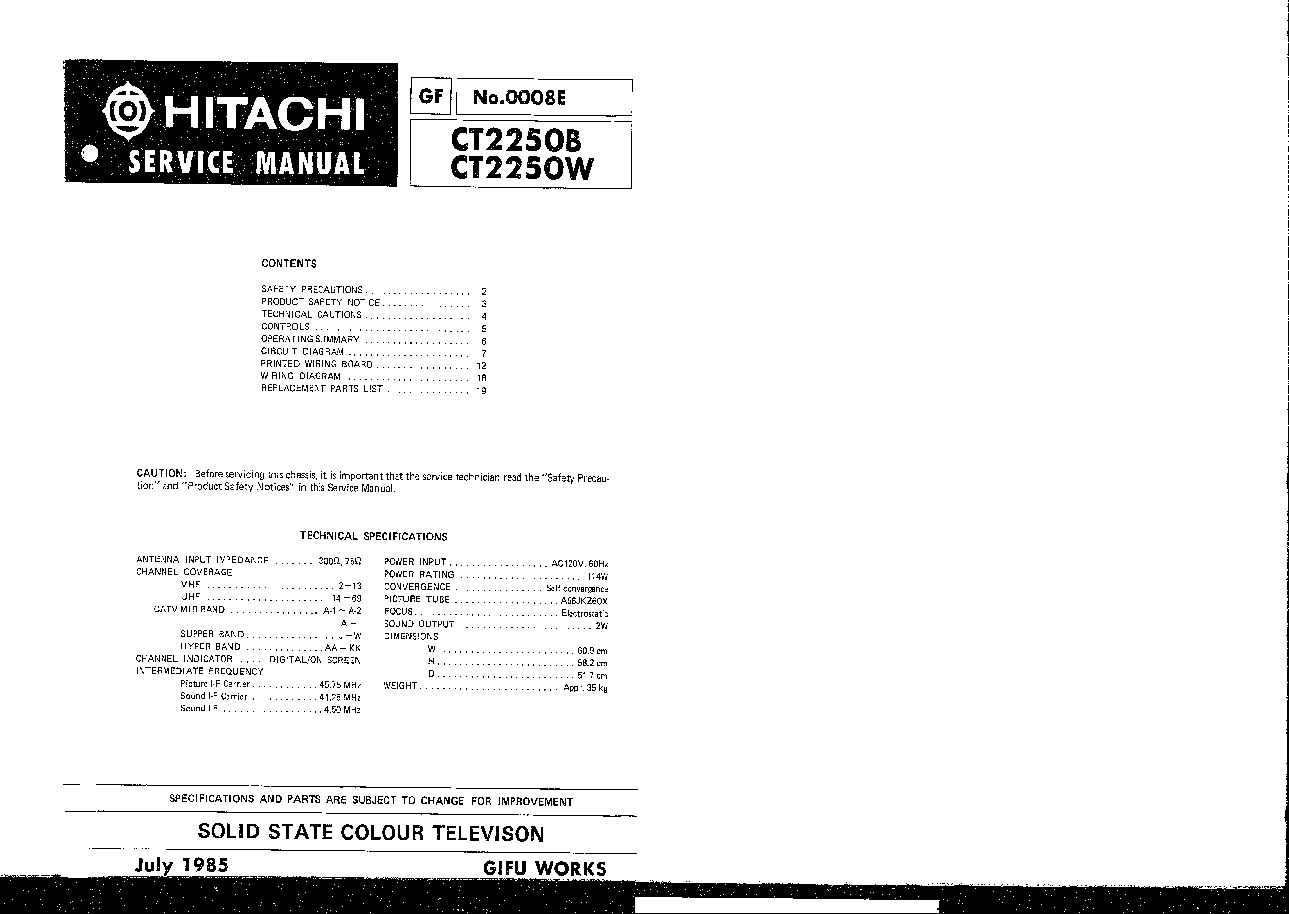 HITACHI CT2250B NP85XSF CHASSIS SM service manual (1st page)
