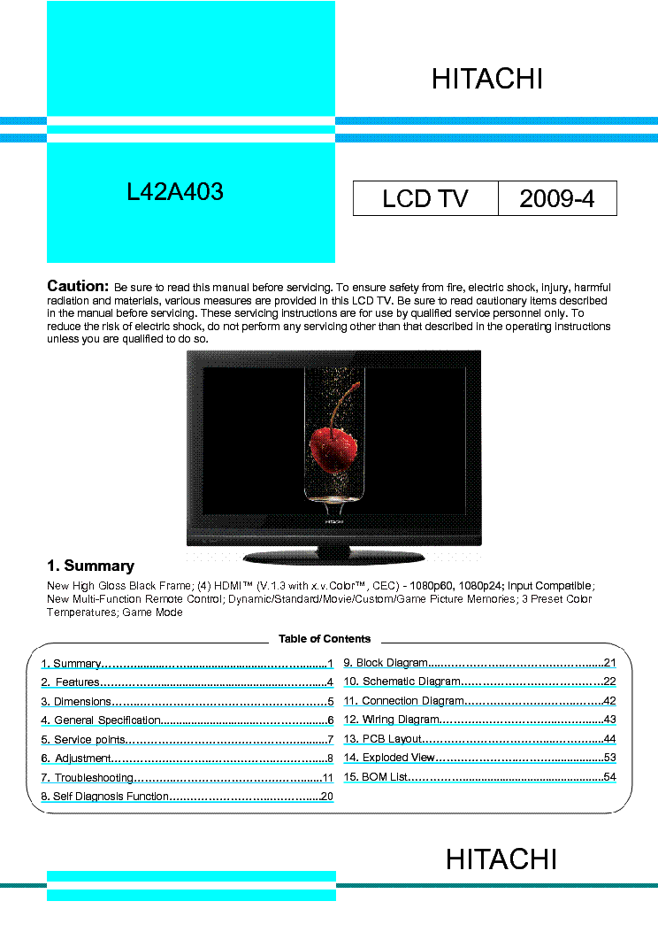 HITACHI L42A403 LCD TV 2009-4 SERVICE MANUAL service manual (1st page)