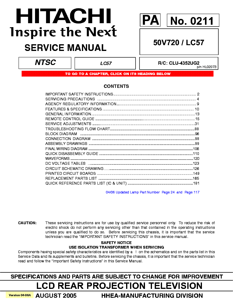 HITACHI LC57 CHASSIS 50V720 LCD PROJECTION service manual (1st page)