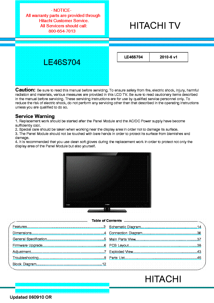 HITACHI LCD LE46S704 service manual (1st page)