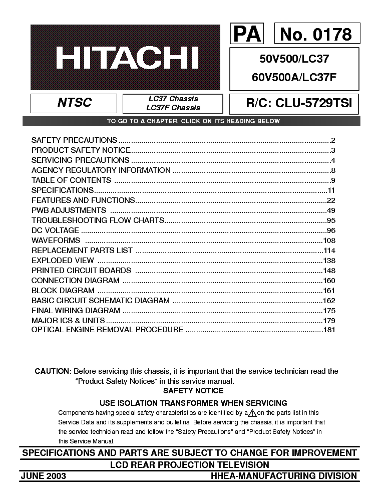 HITACHI TV 50V500 CHASSIS LC37 LC37F service manual (1st page)
