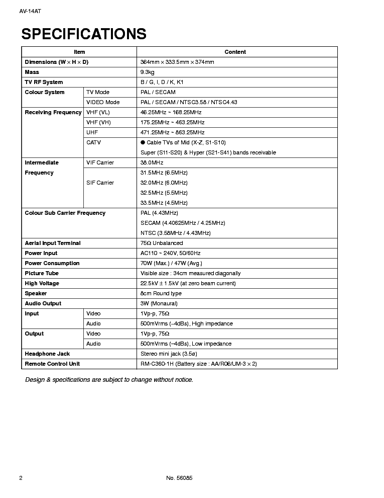 JVC AV-14AT CG 56085-27 SM Service Manual download, schematics, eeprom ...