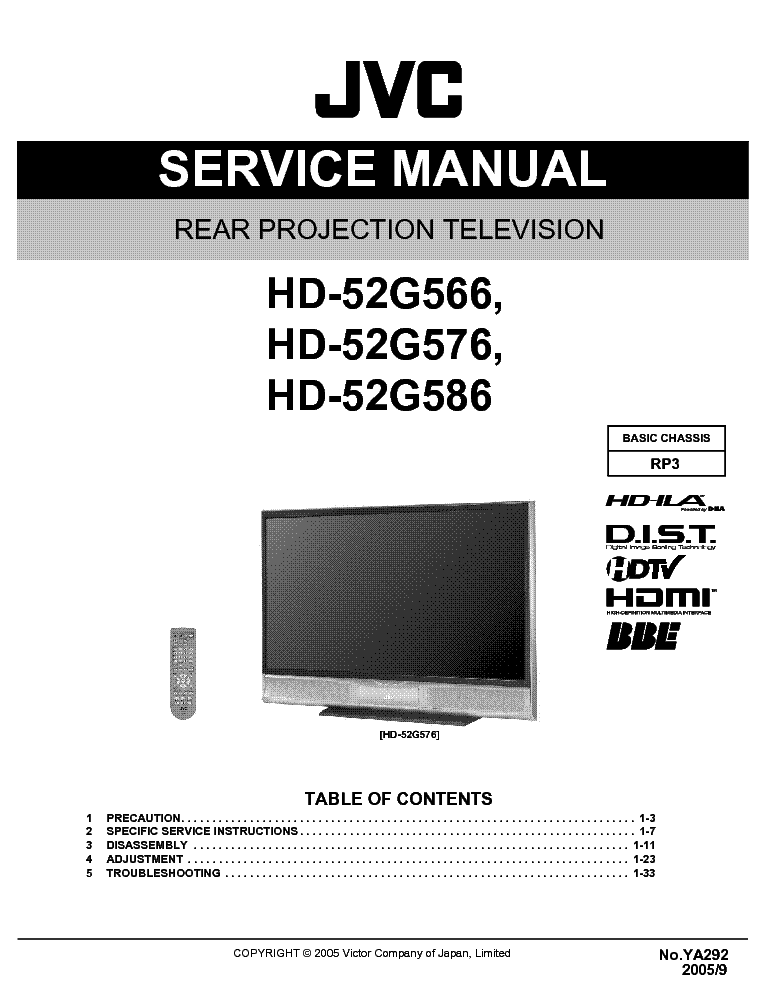 JVC RP3 CHASSIS HD52G5666 PROJECTION service manual