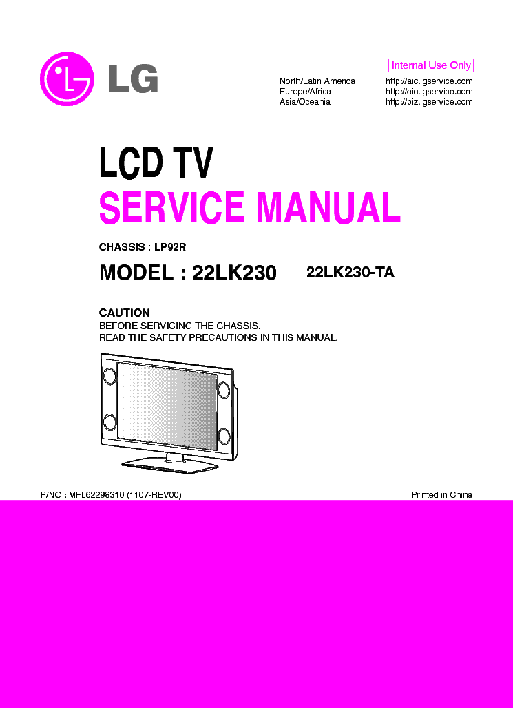 LG 22LK230-TA CHASSIS LP92R MFL62298310 1107-REV00 service manual (1st page)