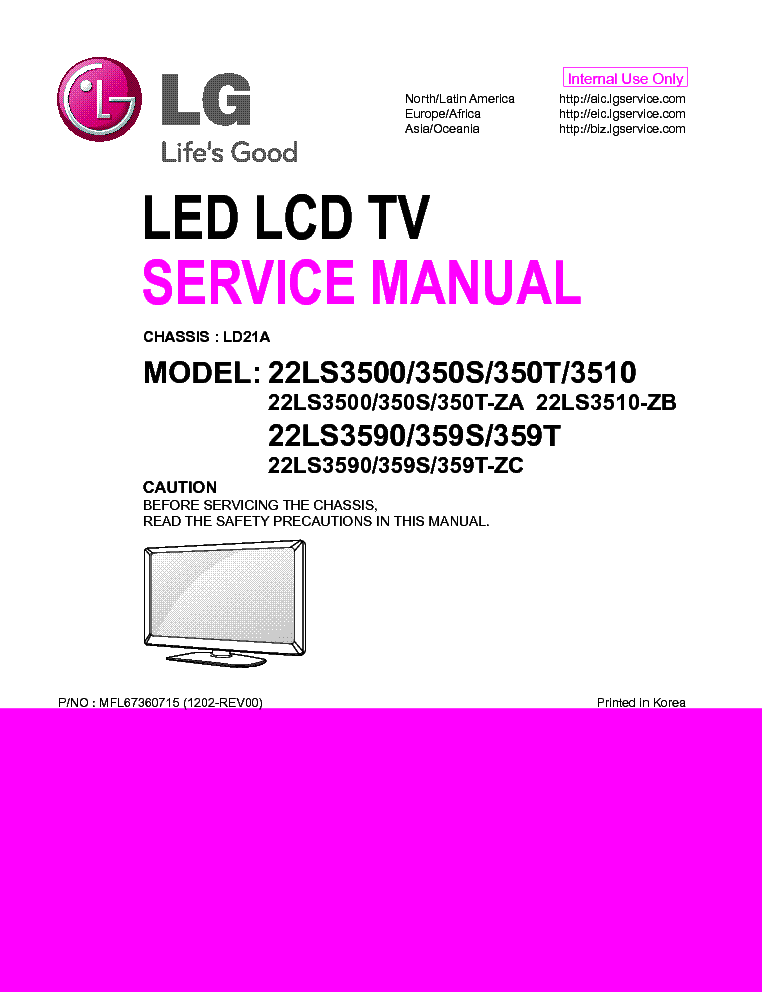 LG 22LS3500-ZA 350S-ZA 350T-ZA 3510-ZB 3590-ZC 359S-ZC 359T-ZC CHASSIS LD21A MFL67360715 service manual (1st page)