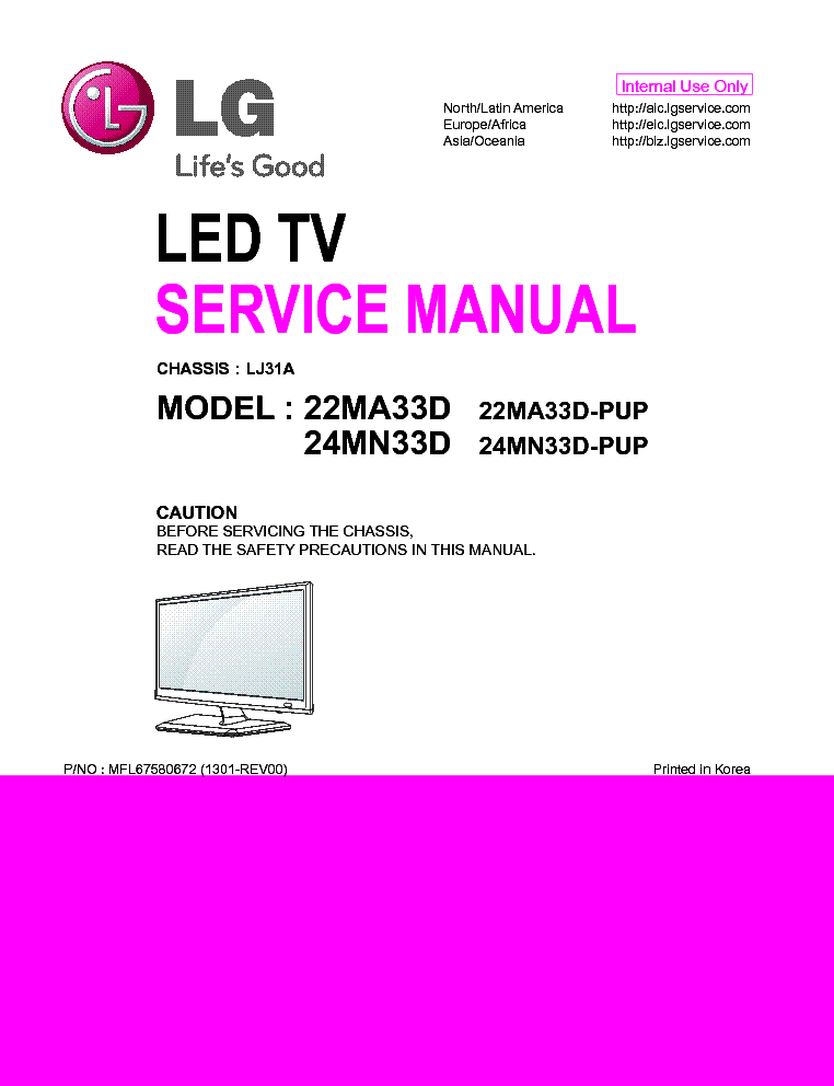 LG 22MA33D-PUP 24MN33D-PUP CHASSIS LJ31A MFL67580672 1301-REV00 service manual (1st page)