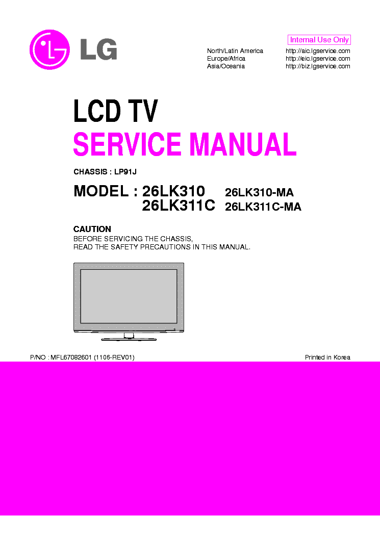 LG 26LK310-MA 26LK311C-MA CHASSIS LP91J MFL67082601 1106-REV01 service manual (1st page)