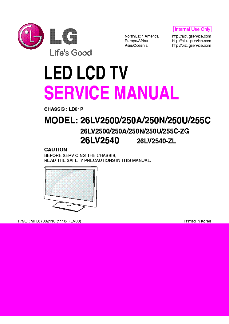 LG 26LV2500-ZG 26LV250A-N-U-ZG 26LV255C-ZG 26LV2540-ZL CHASSIS LD01P service manual (1st page)
