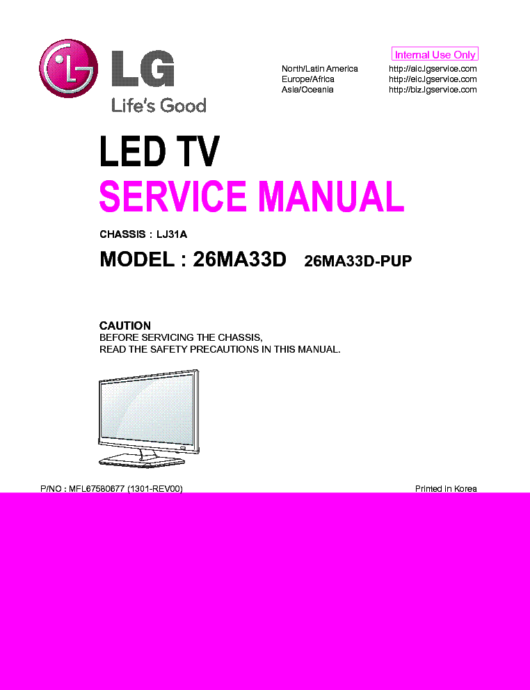 LG 26MA33D-PUP CHASSIS LJ31A MFL67580677 1301-REV00 service manual (1st page)
