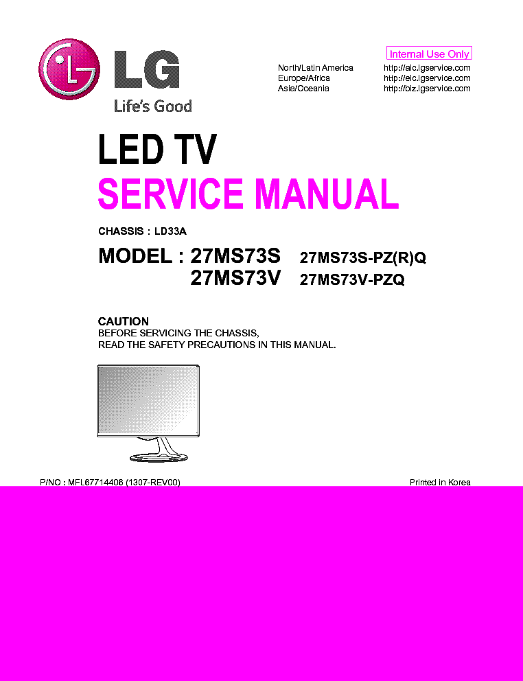 LG 27MS73S-PZQ 27MS73V CHASSIS LD33A MFL67714406 1307-REV00 service manual (1st page)