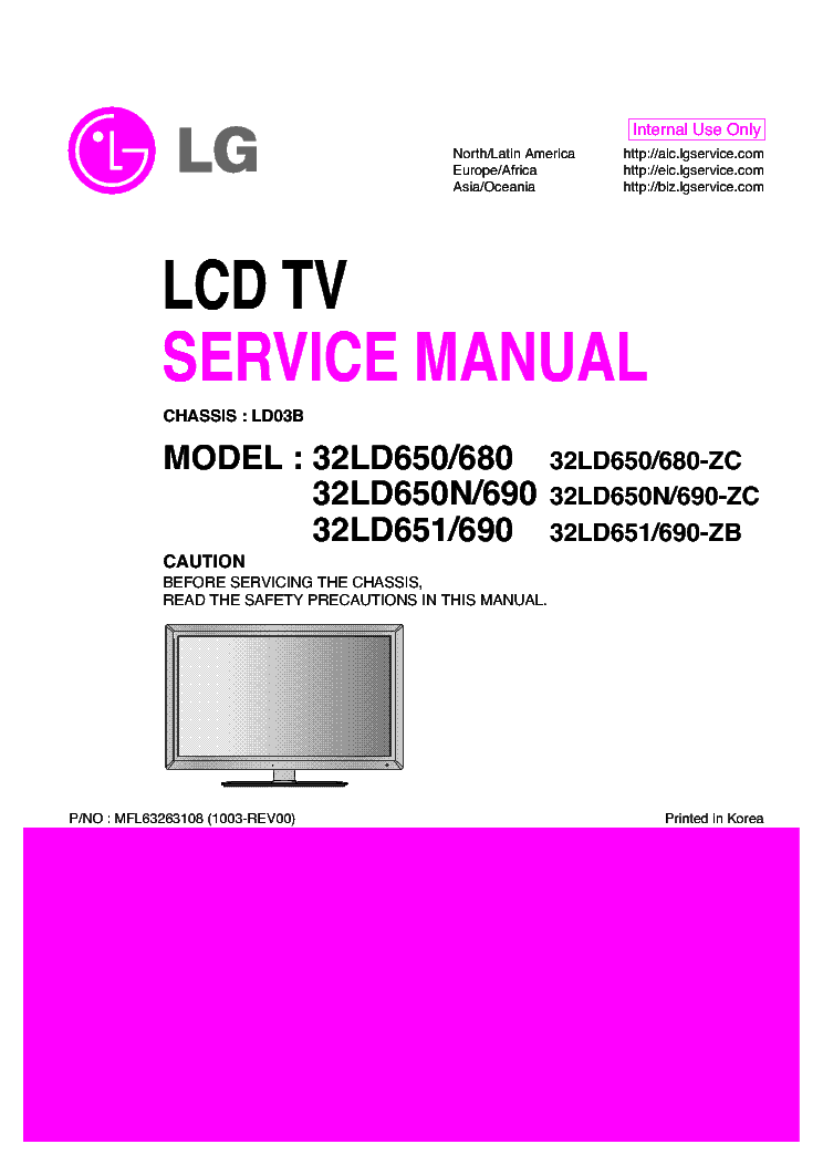 LG 32LD650 32LD651 32LD680 32LD690 CHASSIS LD03B LCD TV SM service manual (1st page)