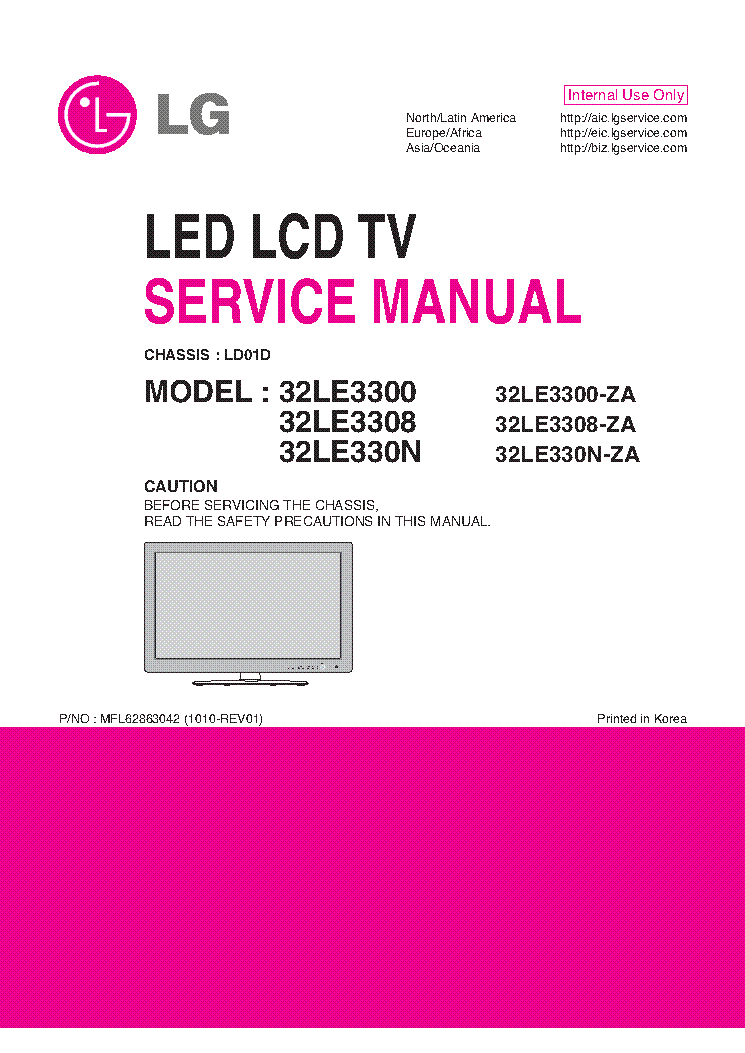 LG 32LE3300-ZA 32LE3308-ZA 32LE330N CHASSIS LD01D MFL62863042 1010-REV01 service manual (1st page)