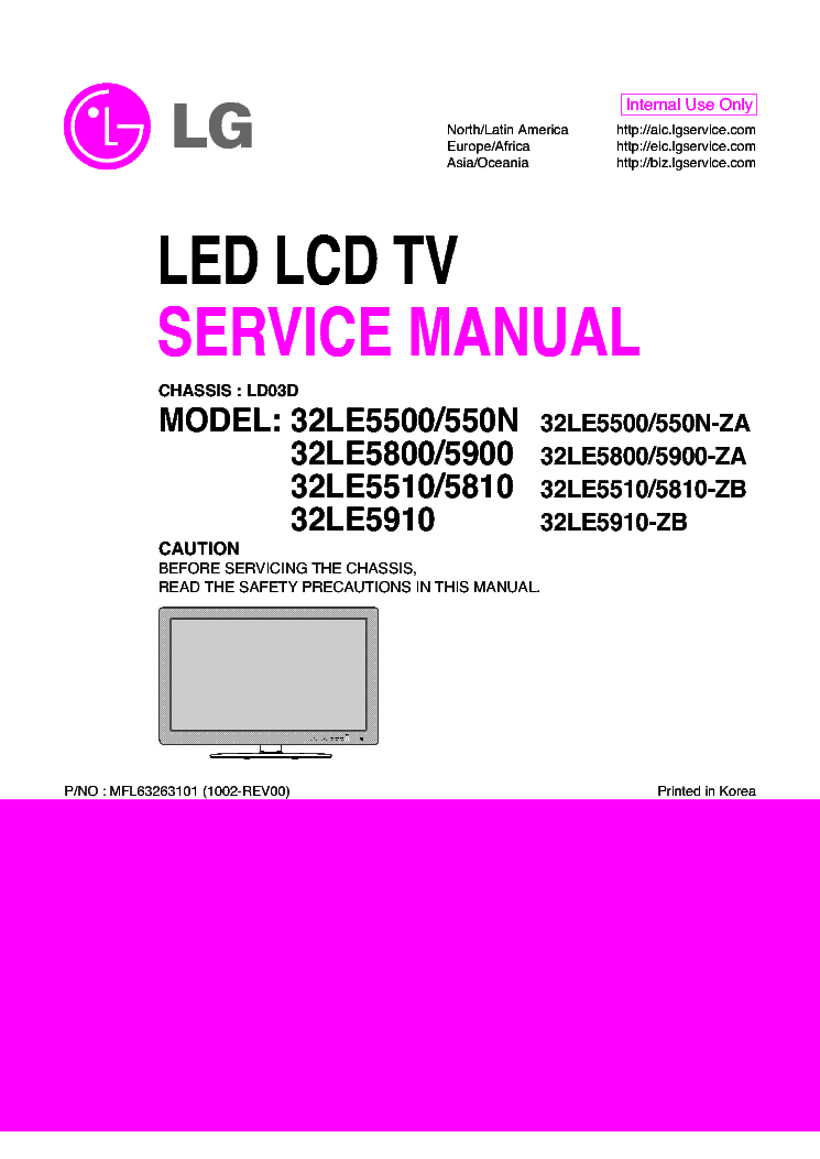 LG 32LE5500 32LE5800 32LE5510 32LE5900 550N ZA ZB CHASSIS LD03D LED TV SM service manual (1st page)