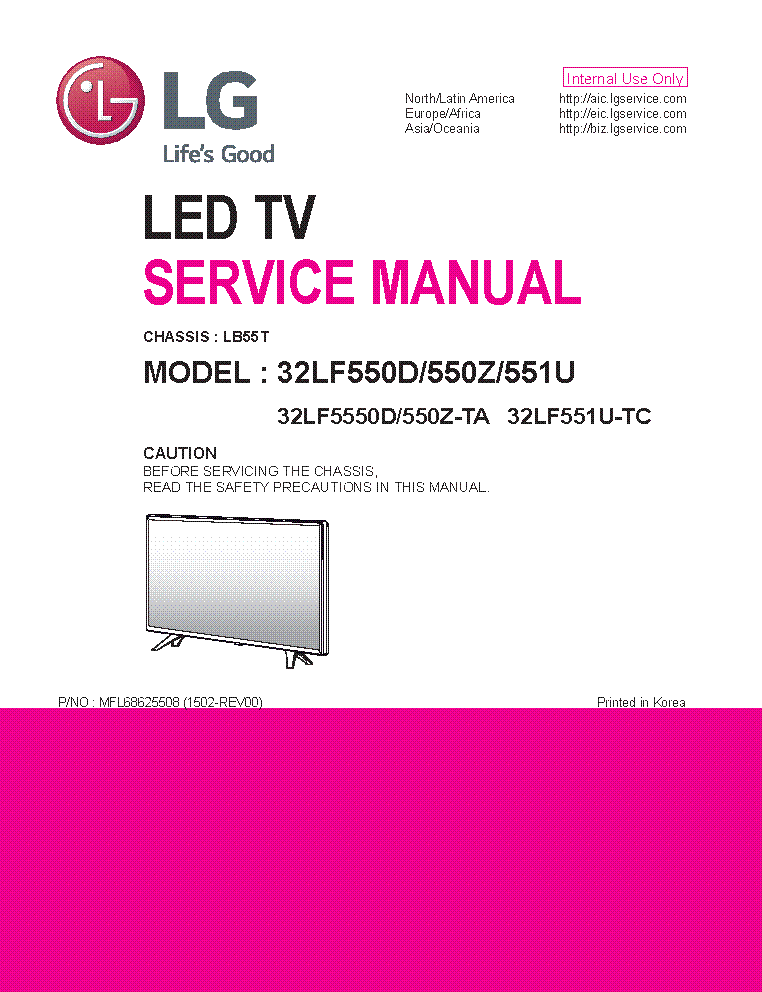LG 32LF550D-TA LF550Z-TA 32LF551U-TC CHASSIS LB55T MFL68625508 1502-REV00 service manual (1st page)