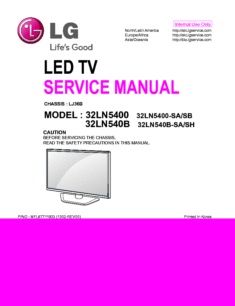 LG 32LN5400-SA 32LN5400-SB 32LN540B-SA 32LN540B-S CHASSIS LJ36B REV00 service manual (1st page)