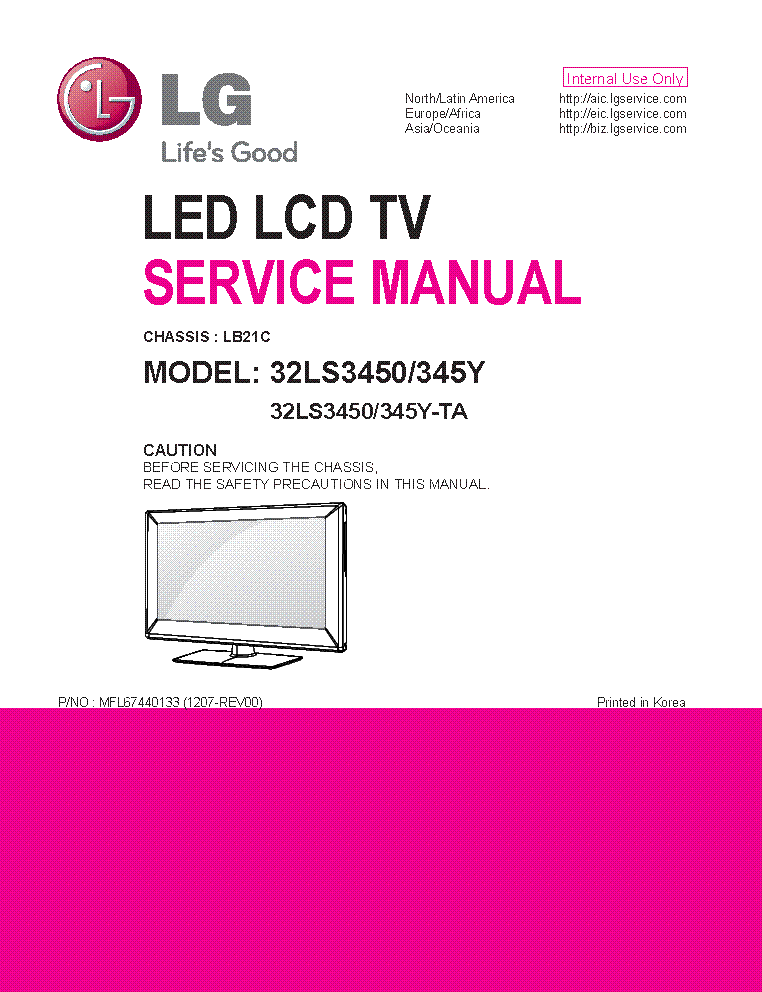 LG 32LS3450-TA 345Y-TA CHASSIS LB21C MFL67440133 service manual (1st page)