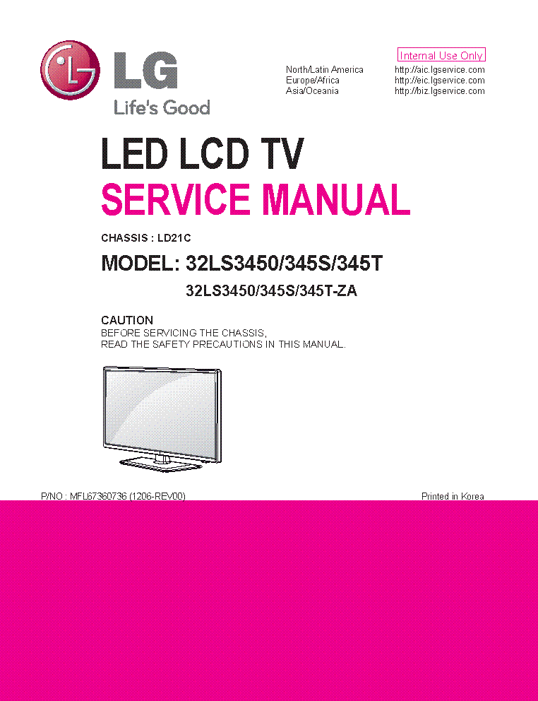 LG 32LS3450-ZA 345S-ZA 345T-ZA CHASSIS LD21C MFL67360736 service manual (1st page)
